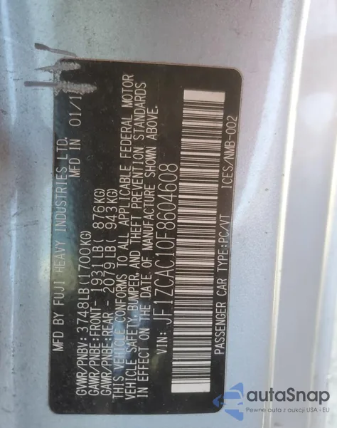 2015 Subaru Brz 2.0 Limited из США, поврежденный, VIN JF1ZCAC10F8604608